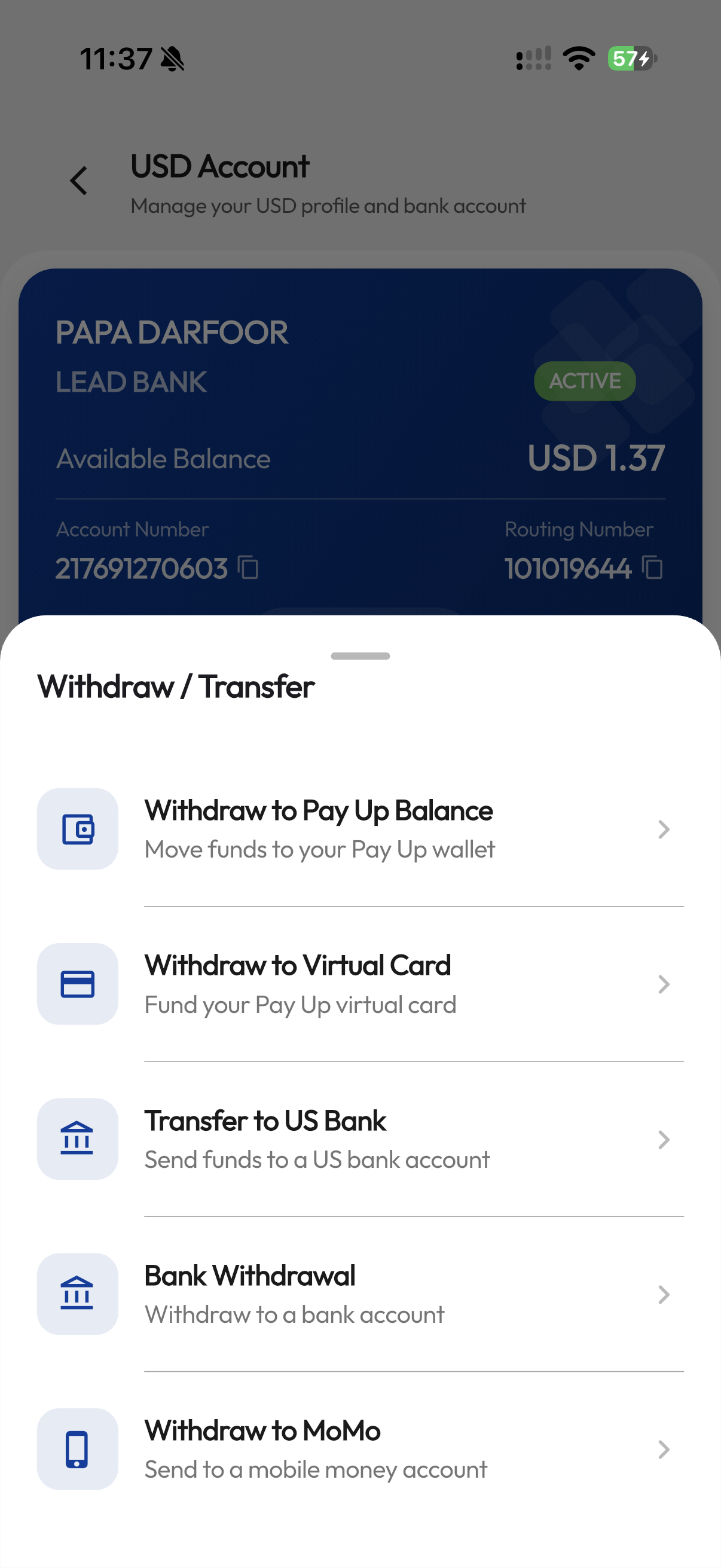 Show USD withdrawal options